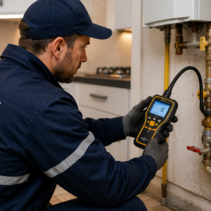 Technicien utilisant un détecteur électronique pour rechercher une fuite de gaz sur une installation domestique