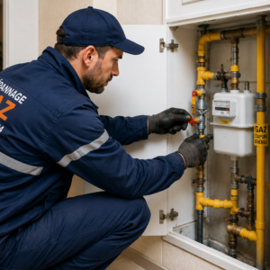 Technicien réalisant la mise en sécurité d'une installation de gaz dans un logement à Paris