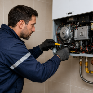Technicien contrôlant un raccordement de gaz dans une cuisine afin de vérifier l'absence de fuite