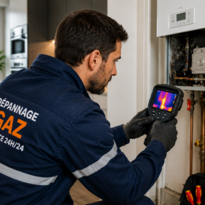 Technicien utilisant une caméra thermique pour inspecter une installation de gaz dans un logement à Paris
