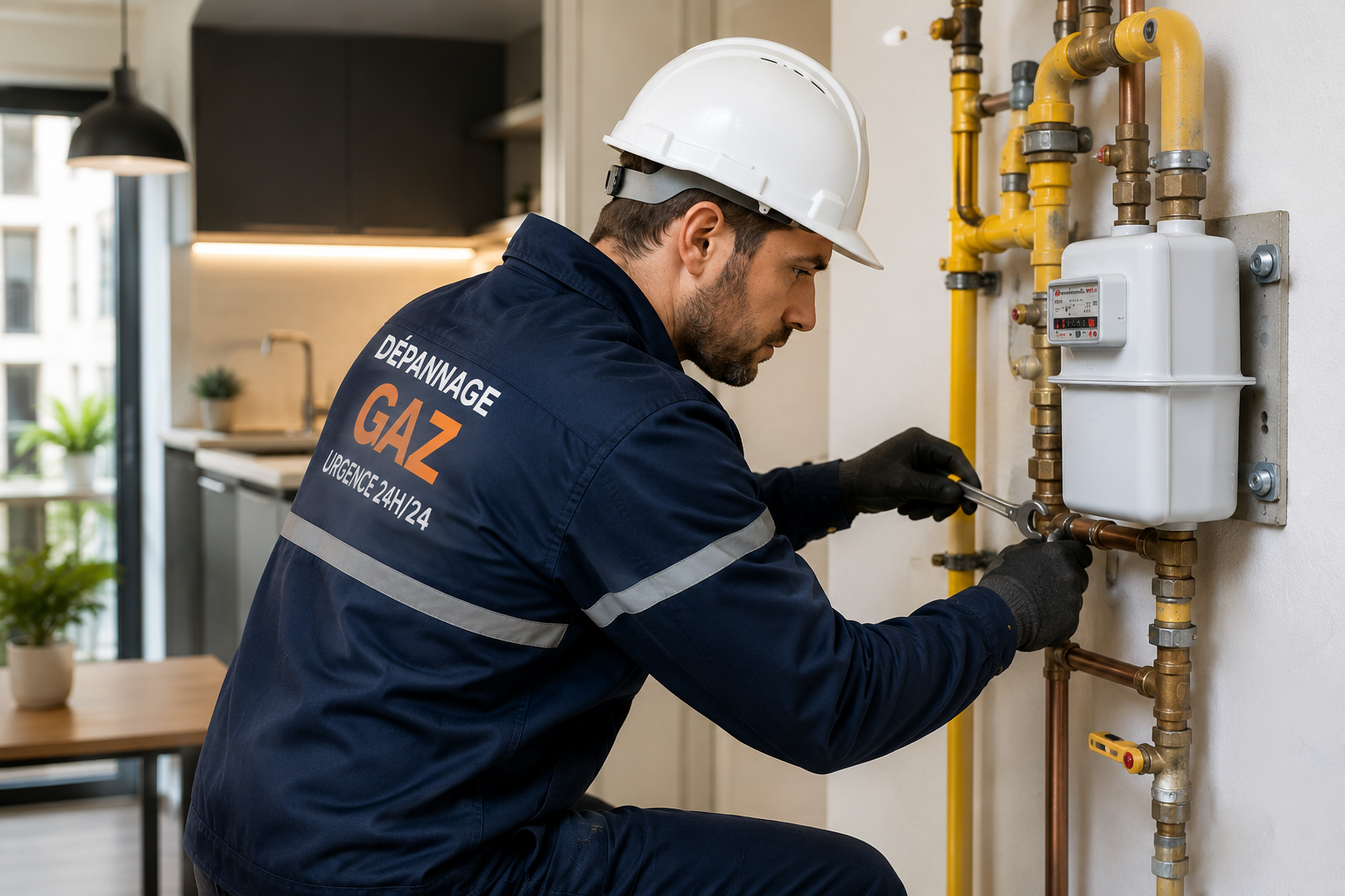 Technicien spécialisé en dépannage gaz intervenant sur une installation de gaz dans un appartement à Paris