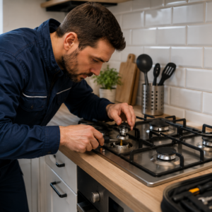 Technicien réparant une plaque de cuisson au gaz dans une cuisine moderne