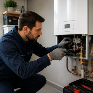 Technicien réparant une chaudière à gaz dans une habitation à Paris