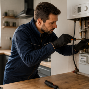 Technicien réalisant le dépannage d'une installation de gaz résidentielle sur un compteur et des raccordements