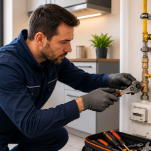 Technicien contrôlant les raccordements d'une installation de gaz avec un détecteur électronique professionnel