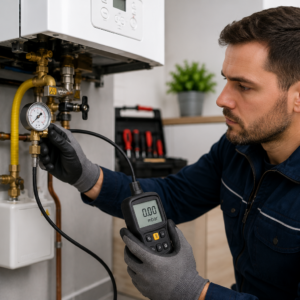 Technicien vérifiant la pression et le bon fonctionnement d'une installation de gaz avant sa remise en service