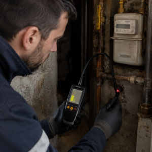 Technicien réalisant une détection électronique de fuite de gaz sur une canalisation avec un appareil professionnel