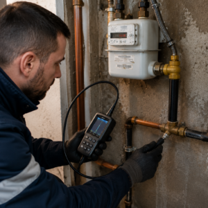 Technicien localisant une fuite de gaz sur un réseau de canalisations à l'aide d'un appareil de mesure professionnel