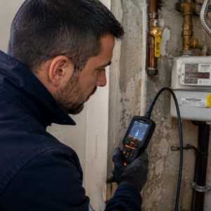 Technicien réalisant une recherche de fuite de gaz à l'aide d'un détecteur électronique sur un compteur gaz