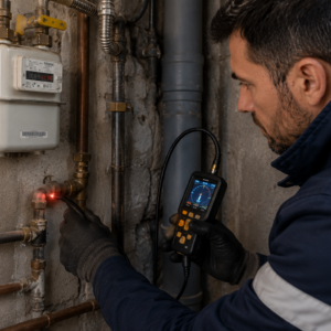 Technicien réparant une installation de gaz après la localisation d'une fuite sur une canalisation