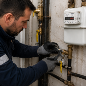 Technicien effectuant un contrôle d’étanchéité sur une installation de gaz après réparation