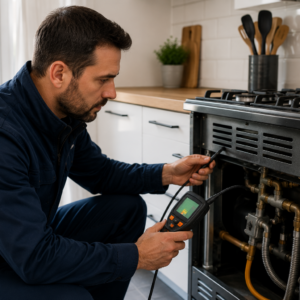 Technicien inspectant une cuisinière à gaz avec un détecteur électronique afin de vérifier l'origine d'une odeur de gaz