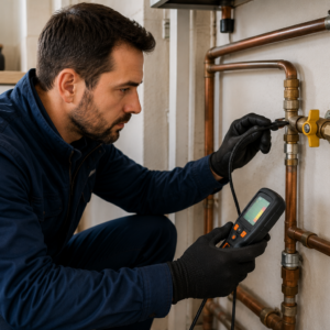 Technicien inspectant les raccordements et les conduites de gaz avec un détecteur électronique dans une habitation