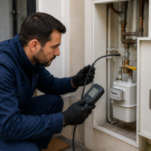 Technicien réalisant un diagnostic complet d'une installation de gaz à l'aide d'un détecteur électronique sur un compteur gaz