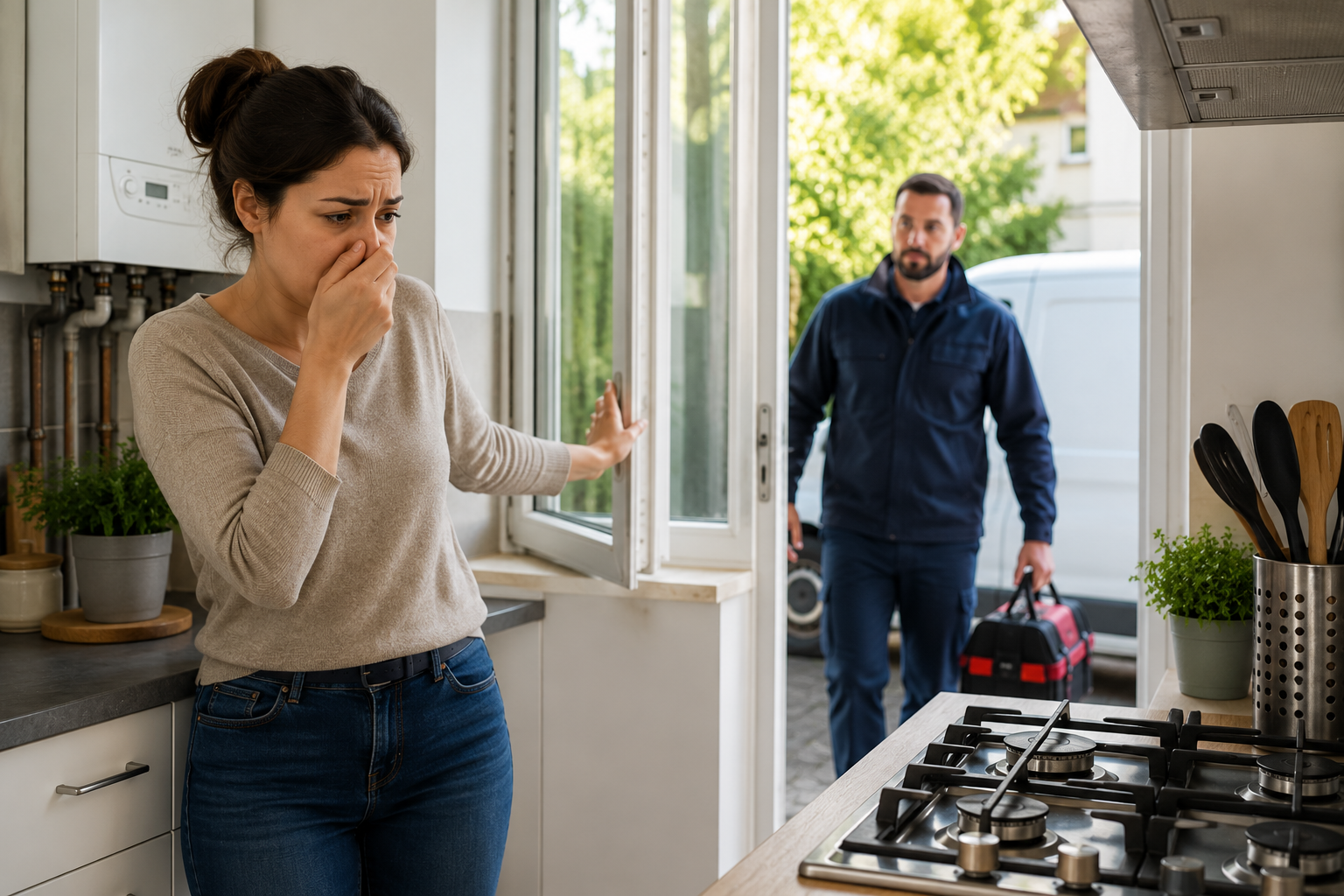 Personne ouvrant une fenêtre après avoir détecté une odeur de gaz pendant qu'un technicien arrive pour contrôler l'installation